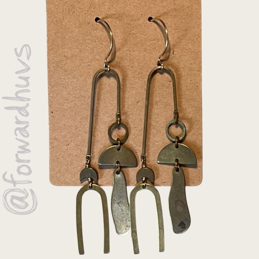 Vintage Handcrafted Brass Modernist Statement Dangle Earrings 3.5” - Picture 6 of 6